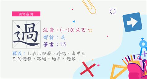 過 部首|字:過 (注音:(一)ㄍㄨㄛˋ,部首:辵) 